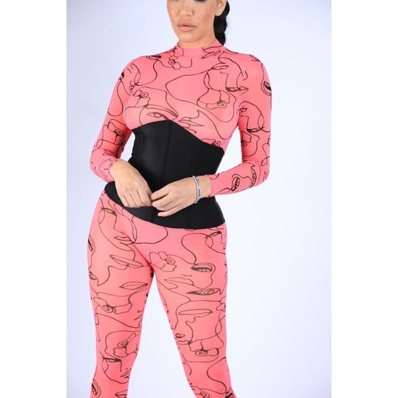 Face Contour Drawing Mesh Skinny Jumpsuit Long Sleeve Neon Pink Mock Neck - Picture 1 of 7